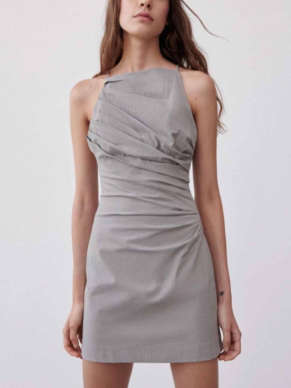 ZARA NWT Light Gray Draped Linen Blend Halter Mini Dress XS